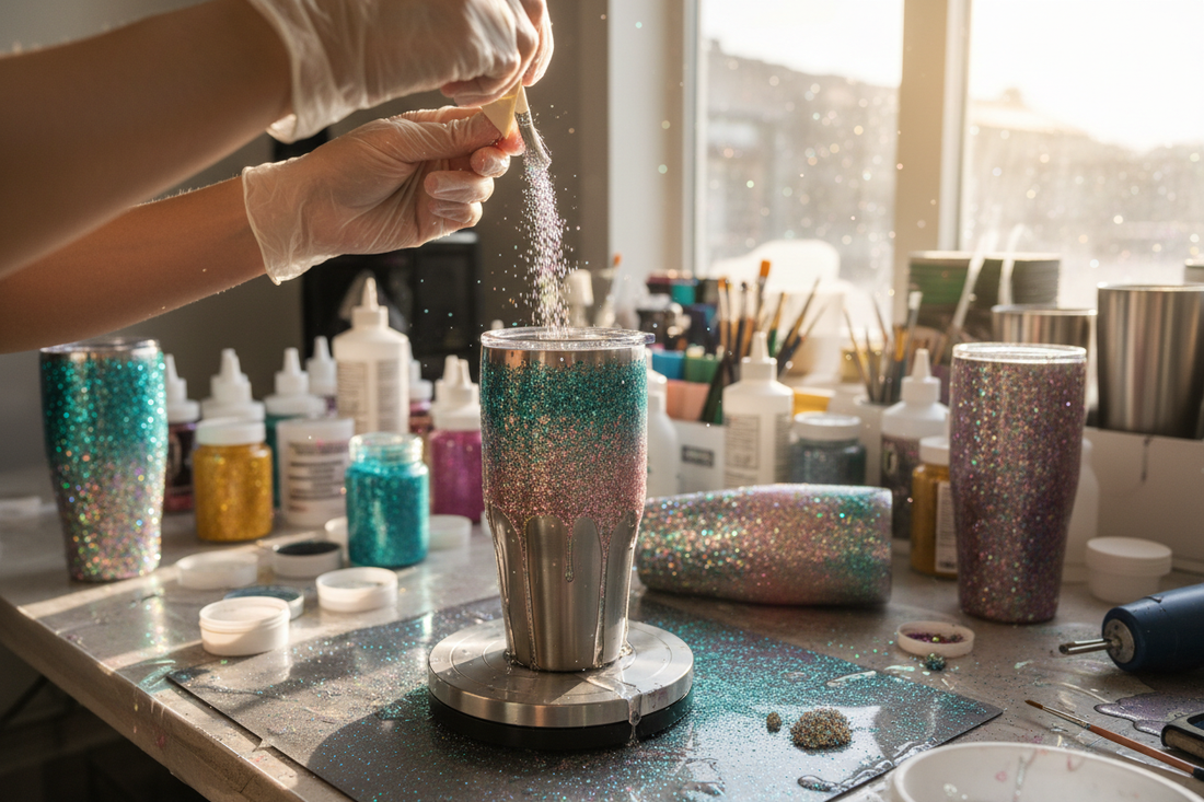 Make an image of someone making hand tumblers with glitter crafty